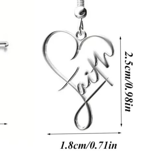Earrings Faith Dangle Silver Tone Fish Hook Heart Love Stylish Minimalist Belief - Picture 3 of 3